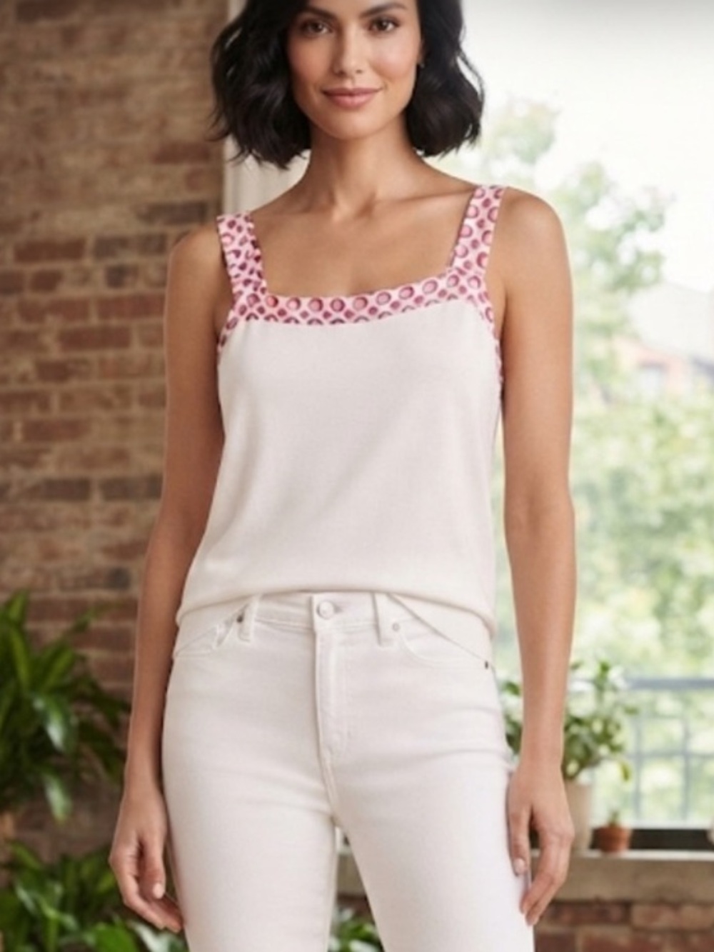 Escada White Shell Top with Pink Dots Border Trim